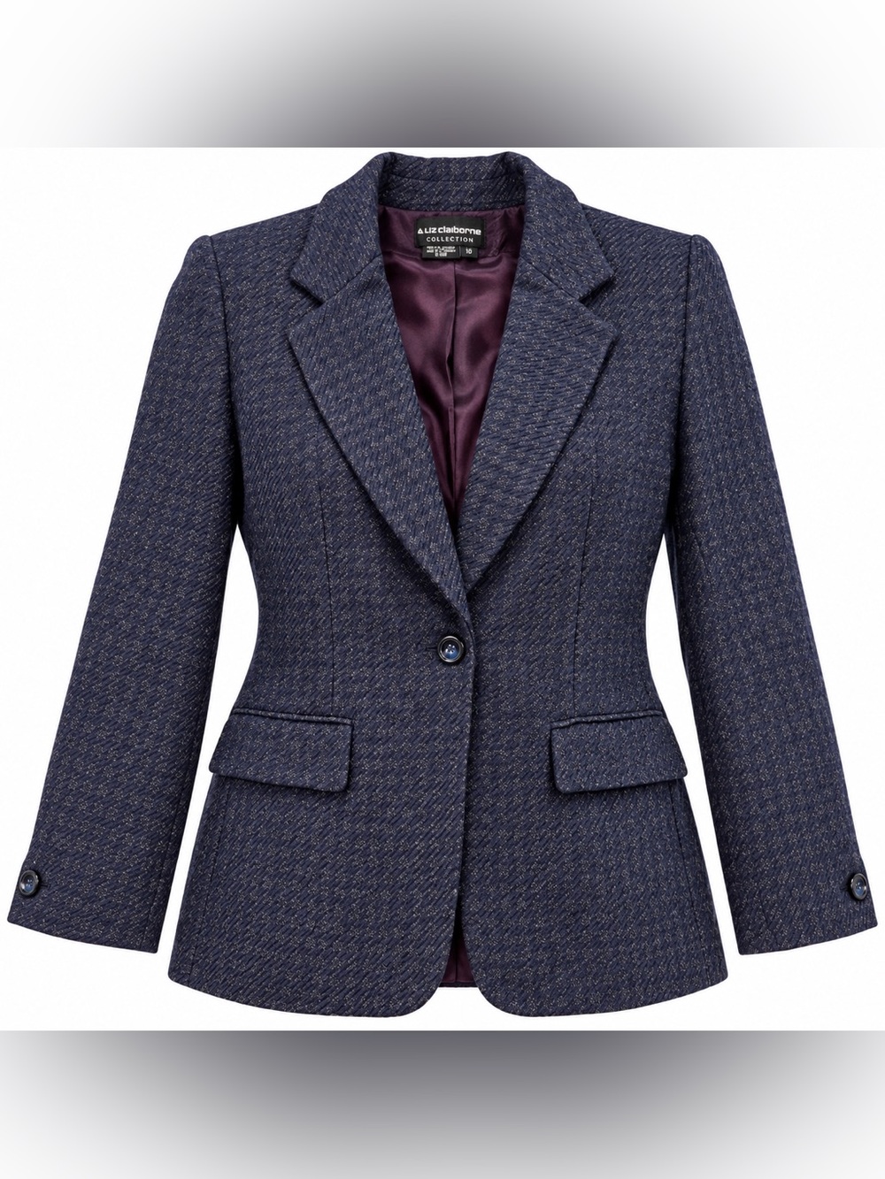 Liz Claiborne Navy Textured One-Button Tailored Blazer Wool